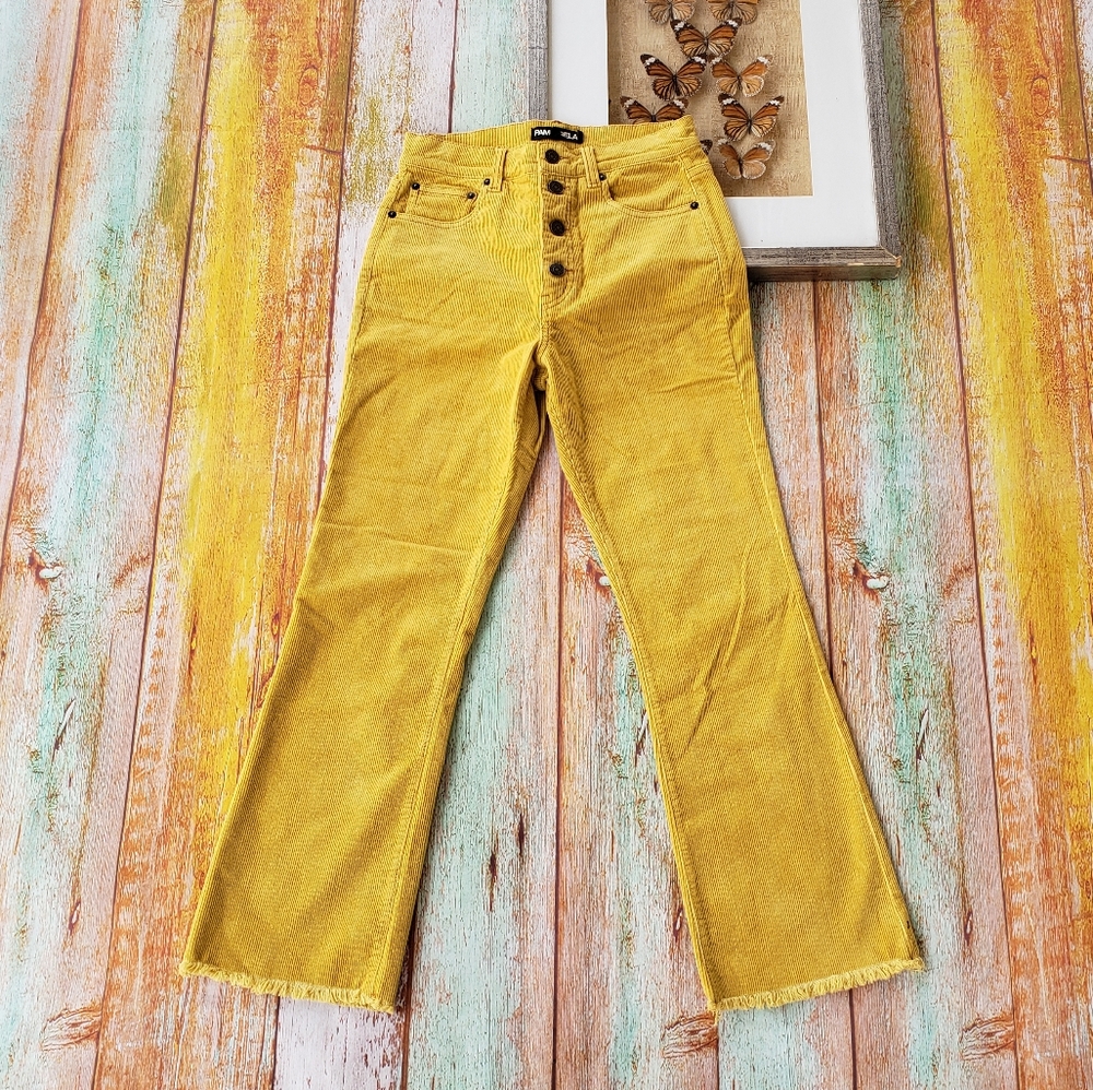 Pam & Gela Mustard Cropped Flare Corduroy Pants S - Picture 1 of 7